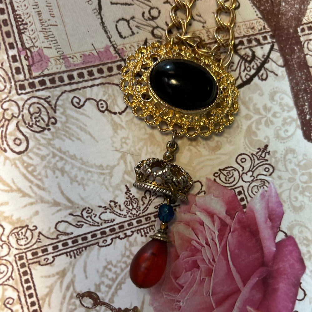 Vintage Brooch and Crown Pendant Necklace